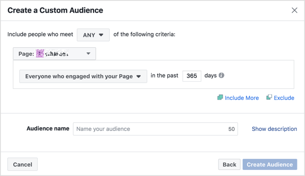 Заполните критерии для пользовательской аудитории взаимодействия со страницей Facebook.