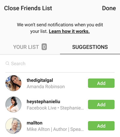 Возможность нажать «Добавить», чтобы добавить друга в список близких друзей в Instagram.