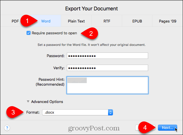 Диалоговое окно «Экспорт документа» в Pages для Mac