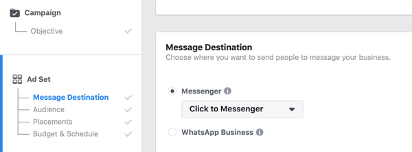 Facebook Click to Messenger Ads, шаг 1.