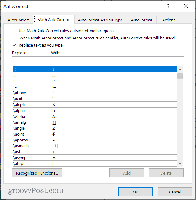 Автозамена математических символов в Word для Windows