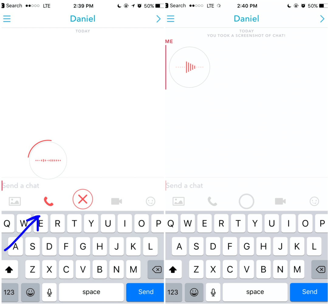 В Snapchat удерживайте значок телефона, чтобы записать голосовое сообщение, которое ваш клиент увидит при следующем входе в систему.