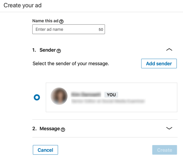 Как создать рекламное объявление InMail на основе цели LinkedIn, шаг 3, указать имя объявления и отправителя