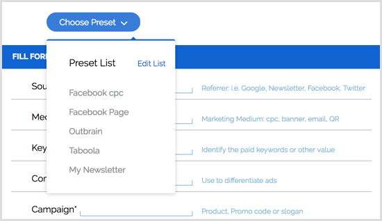 Наборы настроек расширения Google URL Builder для Chrome