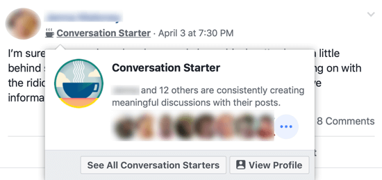 Как улучшить сообщество в группе Facebook, пример значка группы Facebook «Начало разговора» рядом с именем участников группы и всплывающее окно, идентифицирующее других участников группы, которые делятся этим значком