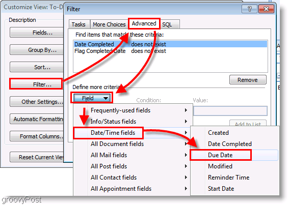 Снимок экрана: фильтр настройки списка дел Outlook 2007
