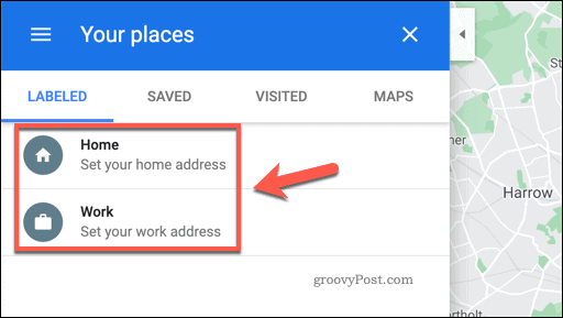 Меню "Ваши места" на Картах Google