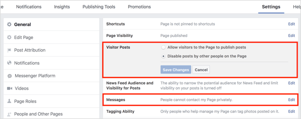 На вкладке «Общие» настроек вашей страницы Facebook измените настройки «Сообщения посетителей» и «Сообщения».