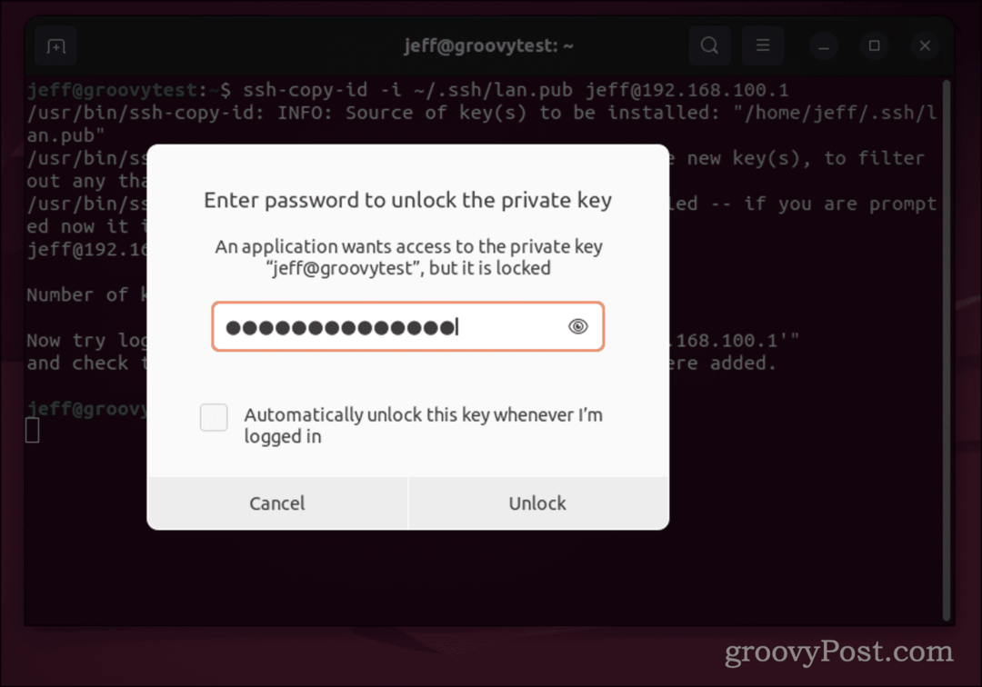 Диалоговое окно пароля Ubuntu для ключа SSH