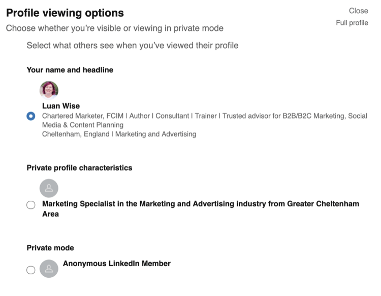 Параметры просмотра профиля в настройках конфиденциальности LinkedIn