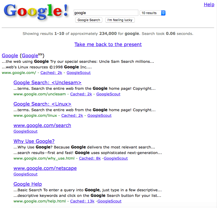 Пятничная забава: вернитесь в Web 1.0 от Google, Google в 1998 году