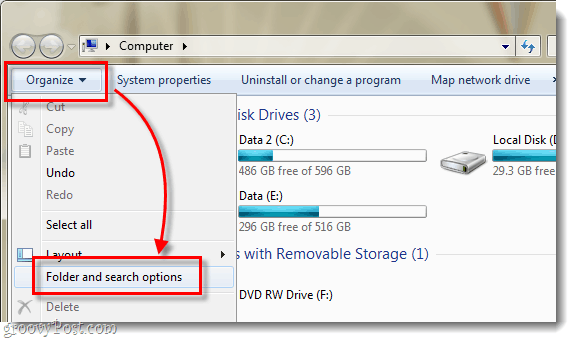 Windows 7 Explorer организовать и папки и параметры поиска