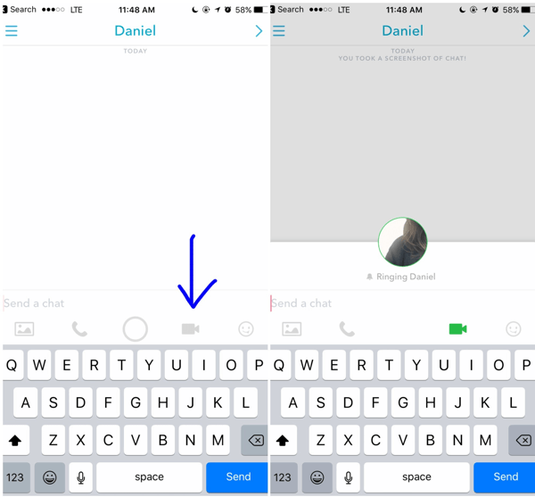 Чтобы совершить видеозвонок Snapchat, коснитесь значка видео в открытом разговоре с клиентом.