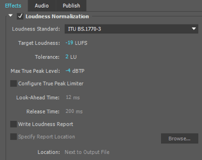 Я использую эти настройки нормализации громкости при экспорте аудиофайла в Adobe Premiere.