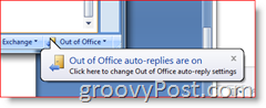 Нижний правый угол Outlook 2007 — напоминание о включенных автоответчиках об отсутствии на работе