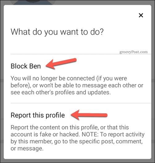 Выбор блокировки или жалобы на пользователя в LinkedIn