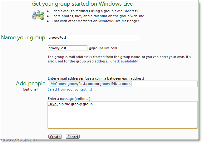 создать группу Windows Live