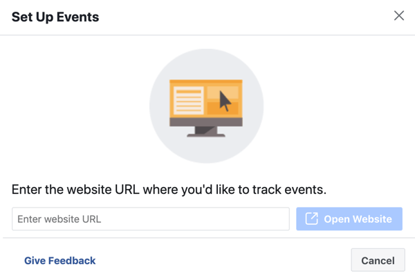 Используйте инструмент настройки событий Facebook, шаг 3, введите URL-адрес веб-сайта, чтобы установить событие пикселя.