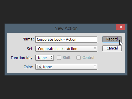 диалоговое окно нового действия Photoshop name set функциональная клавиша запись цвета действие пакетного редактирования