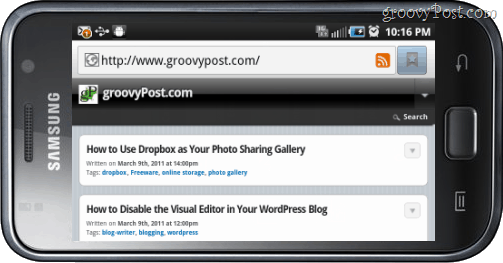 Samsung Galaxy Просмотр интернет-браузера Groovypost в альбомной ориентации