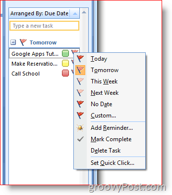Панель задач Outlook 2007 - флажок правой кнопкой мыши для меню параметров