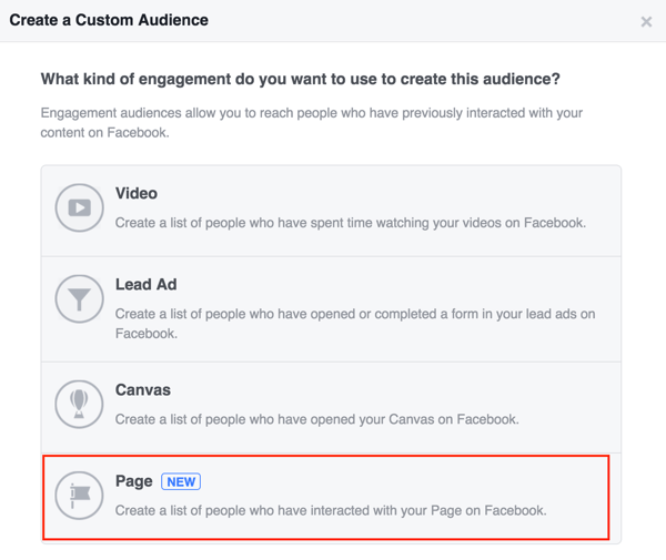 Выберите страницу, чтобы создать собственную аудиторию Facebook.