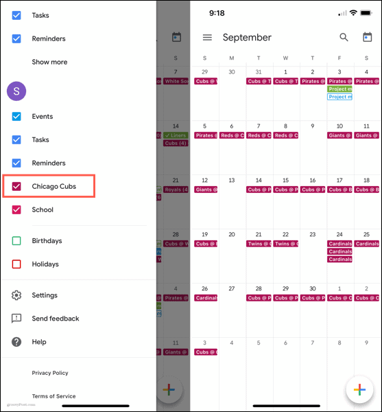 Отображение спортивного календаря в приложении Google Calendar