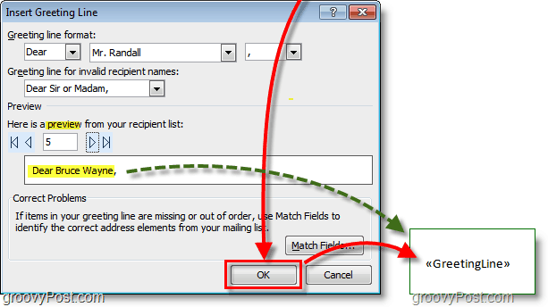 Снимок экрана Outlook 2010 — оставьте параметры строки приветствия по умолчанию и нажмите «ОК», также отображается предварительный просмотр