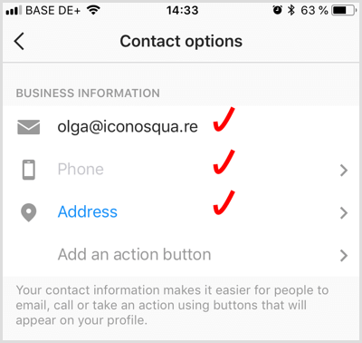 добавить контактную информацию для бизнес-аккаунта Instagram