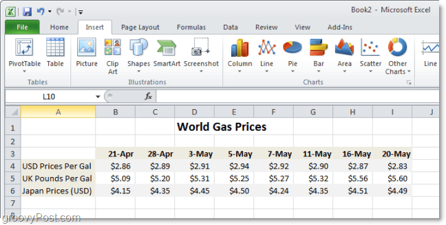 Сравнительная таблица мировых цен на газ в Excel 2010