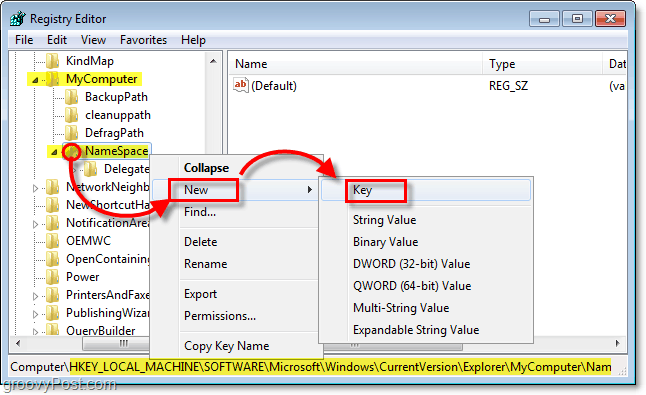 добавить новый подраздел к ключу NameSpace в Windows 7
