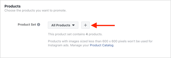 Выберите продукты для продвижения в своей кампании динамической рекламы Facebook.