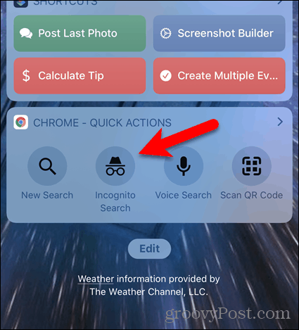 Нажмите Поиск в режиме инкогнито на виджете Chrome в iOS