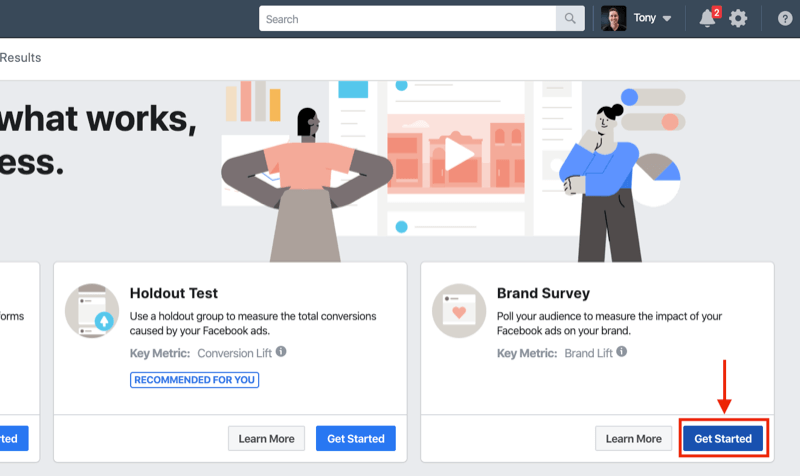 Кнопка "Начать" для опроса брендов для экспериментов в Facebook