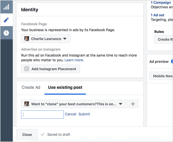 Выберите Использовать существующую публикацию и введите идентификатор публикации Facebook.
