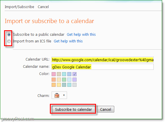 импортировать или подписаться или добавить календарь в Windows Live