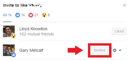 Нажмите кнопку «Пригласить», чтобы пригласить пользователей Facebook лайкнуть вашу страницу.