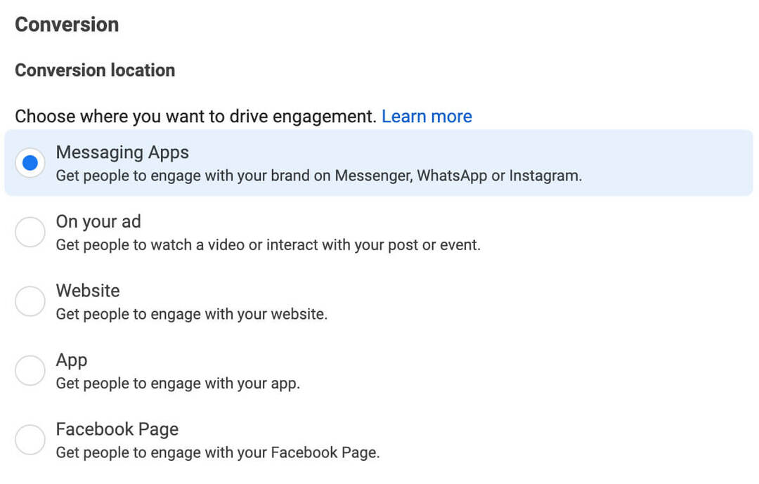 как продвигать кнопки действий с платным контентом в Instagram, создать рекламу для продвижения кнопки действия, выбрать местоположение преобразования, выбрать приложение для обмена сообщениями, пример 15