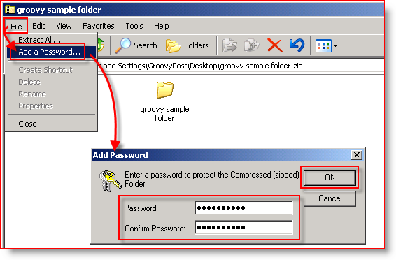 Встроенное сжатие Windows XP - Добавить пароль