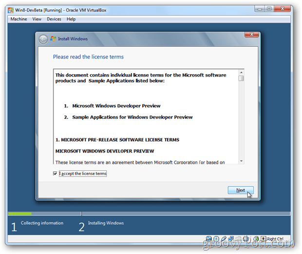 VirtualBox Windows 8 eula принимает лицензию