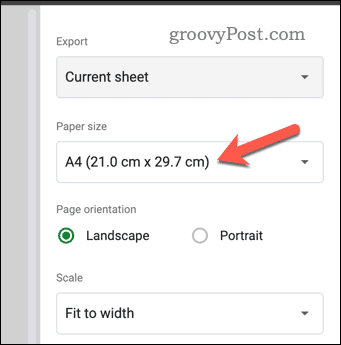Установите размер бумаги в предварительном просмотре печати Google Sheets