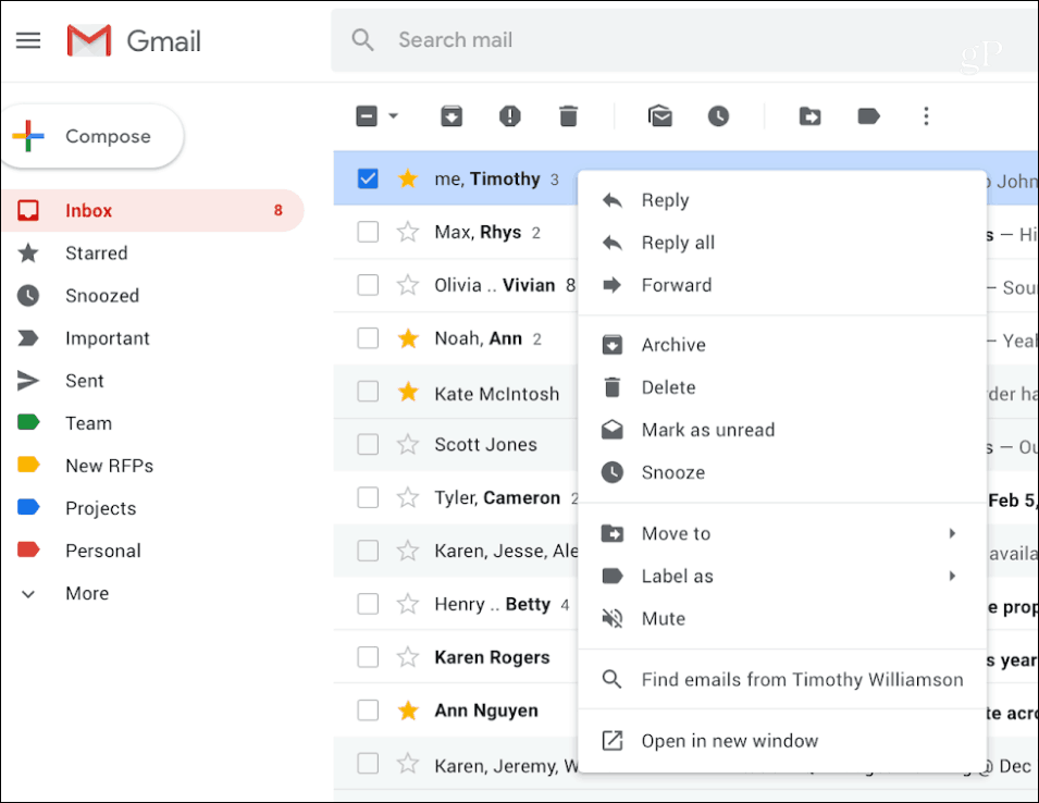 Контекстное меню Gmail правой кнопкой мыши
