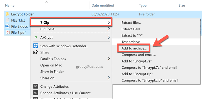 Добавление в новый архив 7-Zip в Windows 10