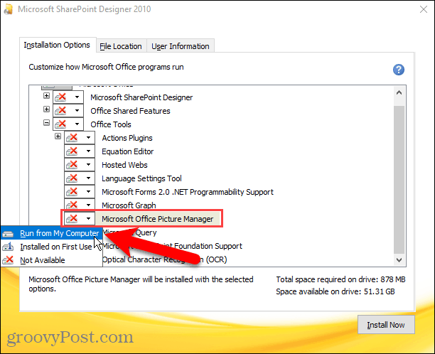 Включите Запуск с моего компьютера для Microsoft Office Picture Manager в установке Sharepoint Designer