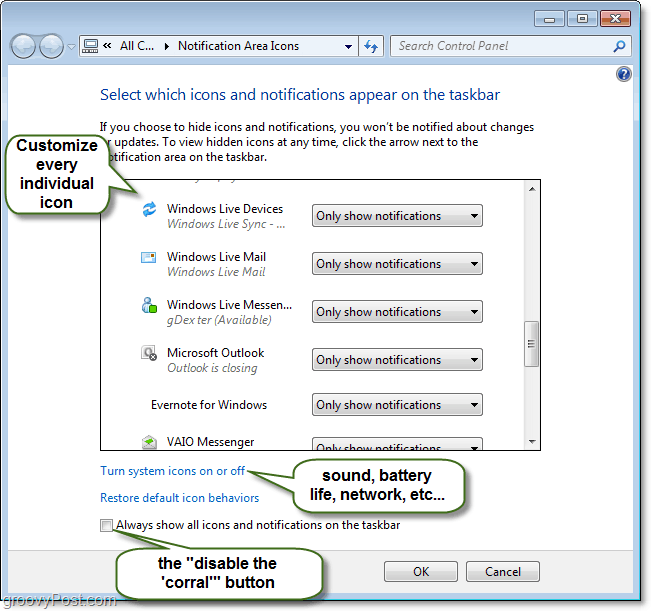 настроить панель управления уведомлениями панели задач Windows 7