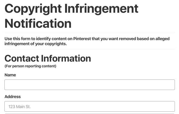 форма уведомления о нарушении авторских прав pinterest
