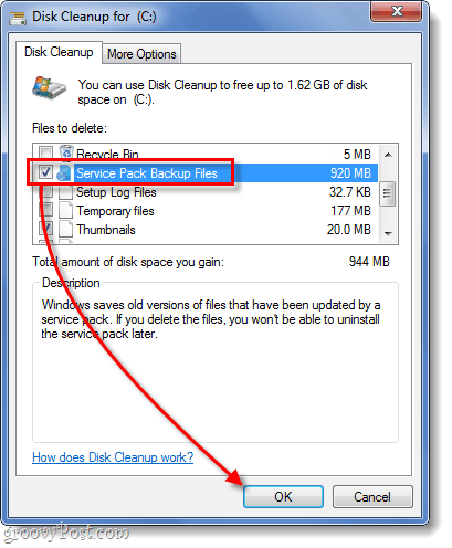очистка файла резервной копии пакета обновления в Windows 7
