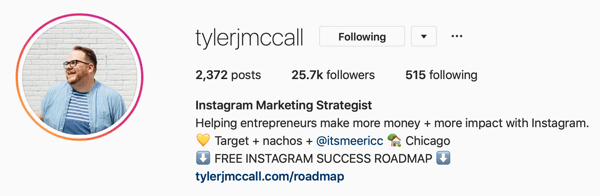 Пример изображения профиля Instagram Business и биографии от @tylerjmccall.