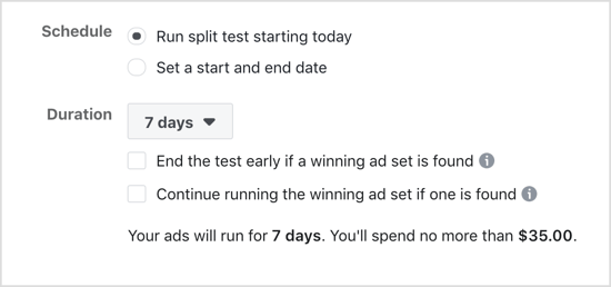 Выберите «Запустить сплит-тест, начиная с сегодняшнего дня» для сплит-теста Facebook.