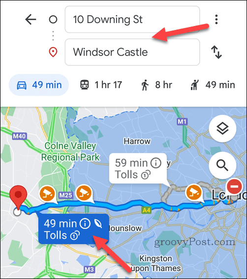 Выберите пункт назначения и маршрут в Картах Google на мобильном телефоне.